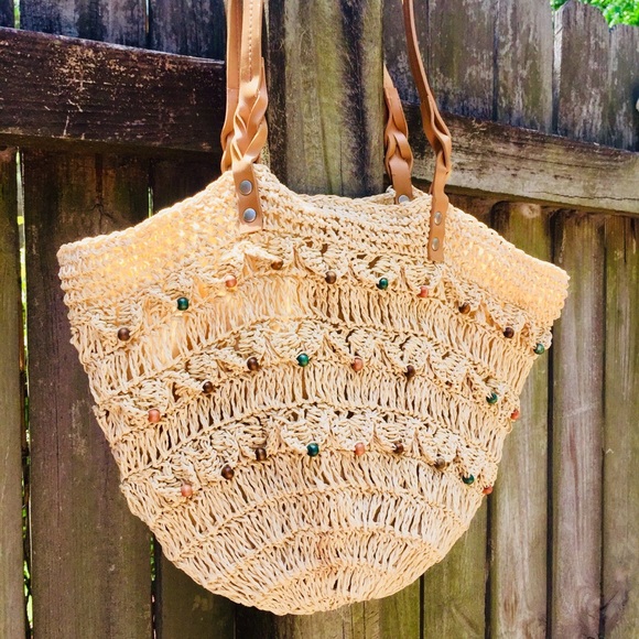 CCO Beaded Beach Tote Neutral, Brown Leather Strap - Picture 2 of 5